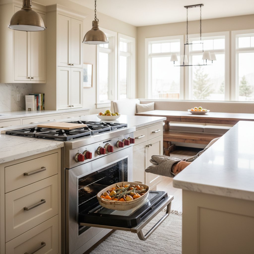 Warm golden-hour kitchen with Wolf professional appliances in a Centennial, Colorado home